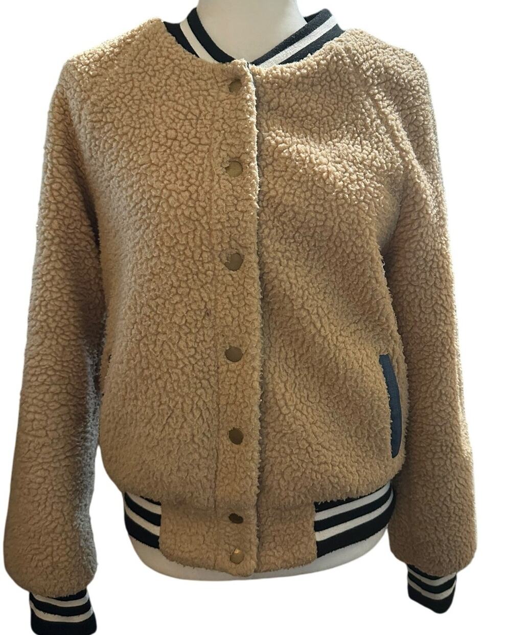 Azalea Faux Sherpa Fleece Bomber Jacket, Tan Teddy Jacket, Size Small